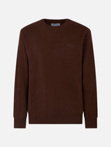 Man crewneck brown lambswool sweater with St. Barth embroidery