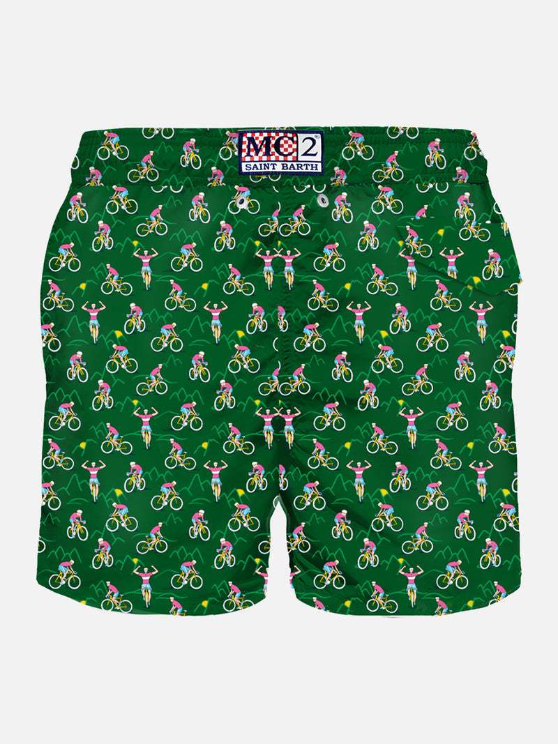 Man light fabric swim shorts with cyclist print