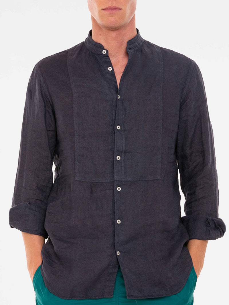 Camicia da uomo blu navy in lino collo alla coreana