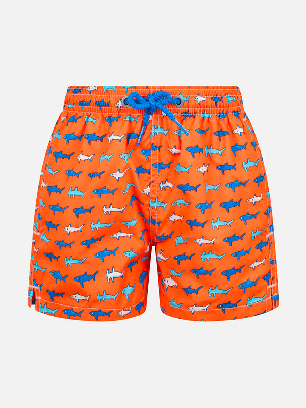 Boy lightweight fabric swim-shorts Jean Lighting with sharks print