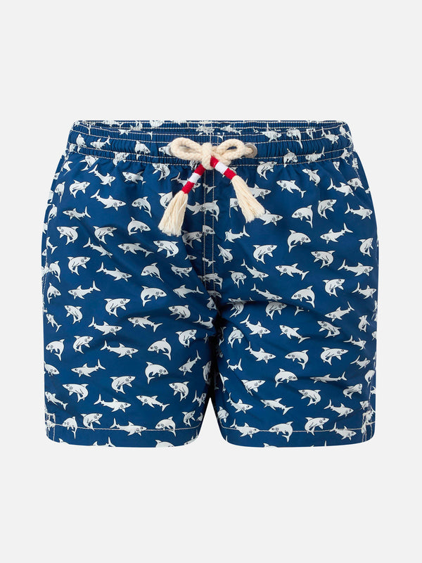 Boy lightweight fabric swim-shorts Jean Lighting 70 with sharks print