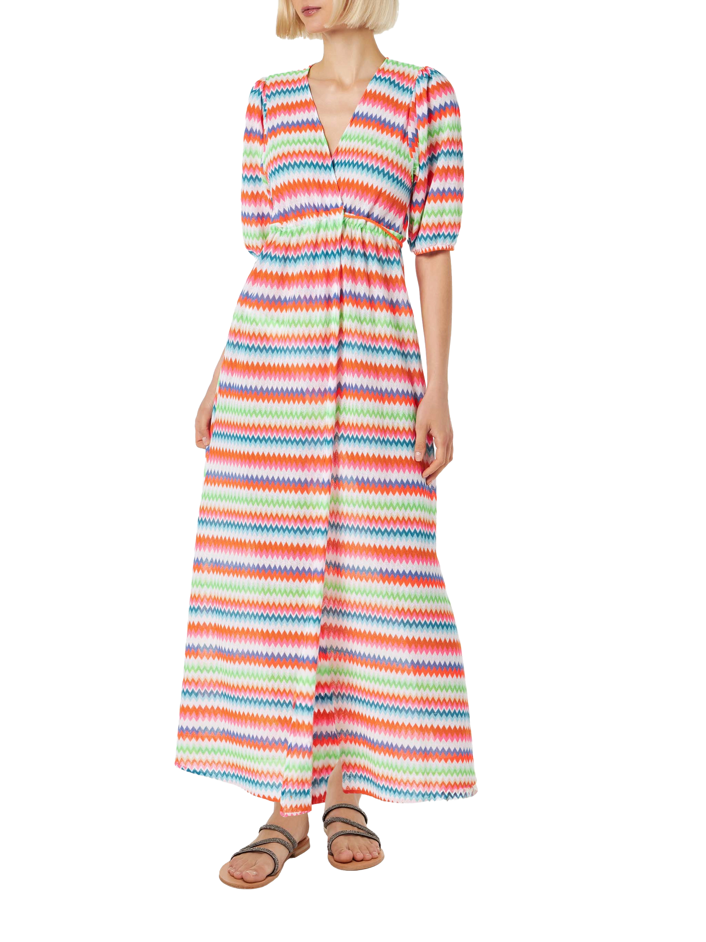 Langes Strandkleid Bliss aus Chevron-Raschelstrick mit Streifenmuster