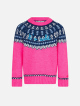 Girl brushed crewneck sweater with nordic jacquard