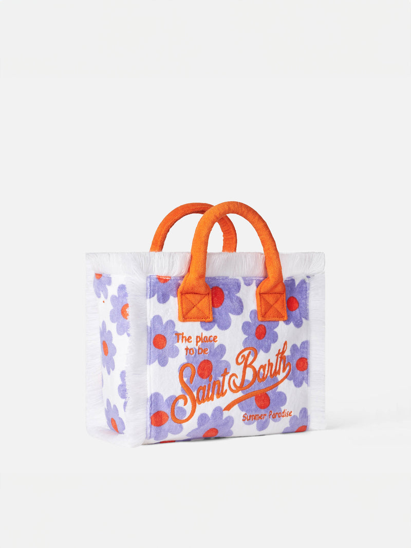 Colette terry handbag with violet and orange daisy print