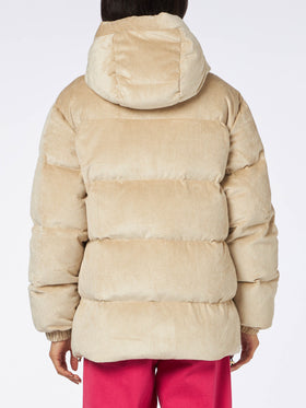 Woman beige corduroy down padded jacket with hoodie - MC2 Saint Barth