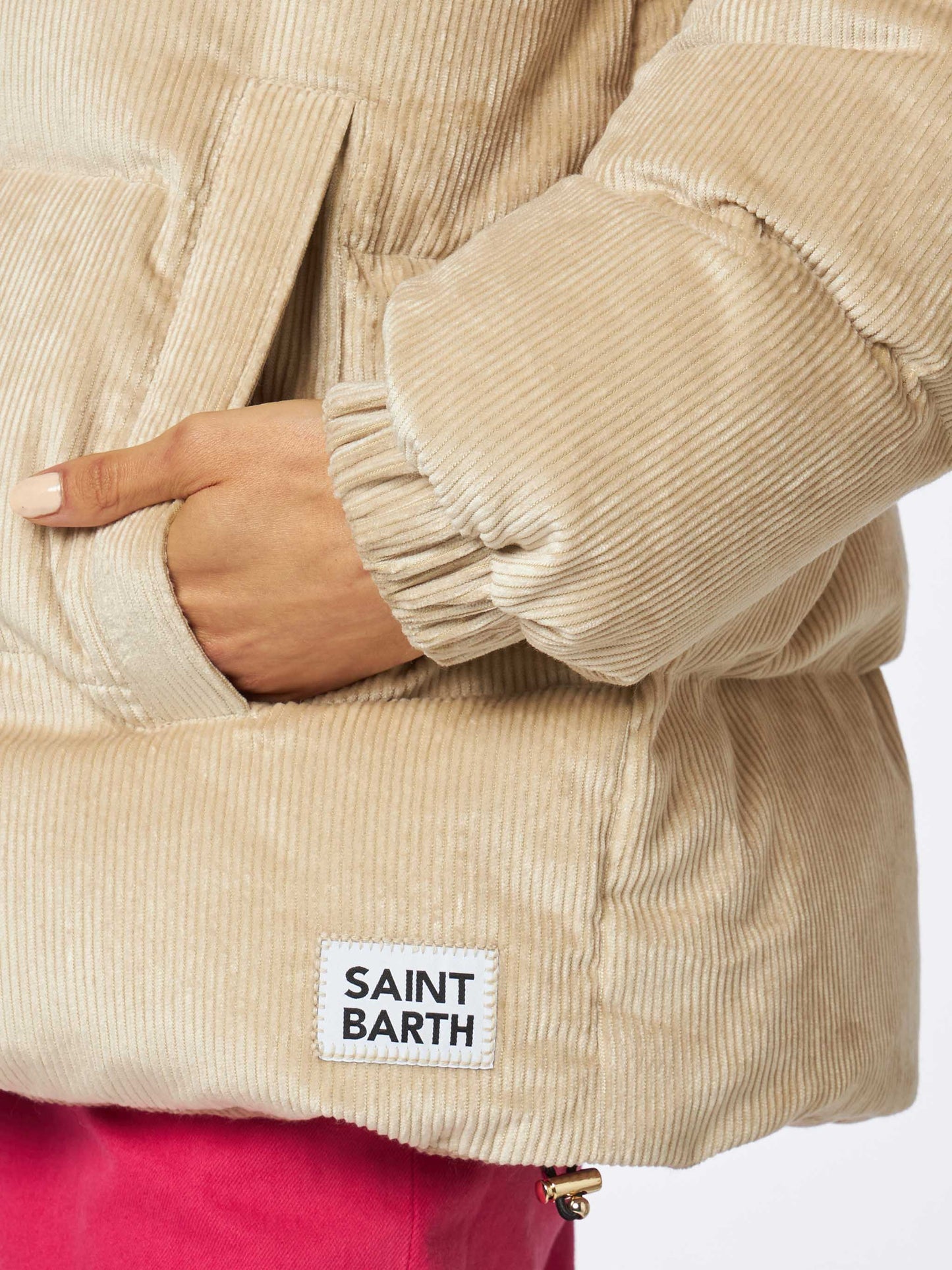 Woman beige corduroy down padded jacket with hoodie - MC2 Saint Barth