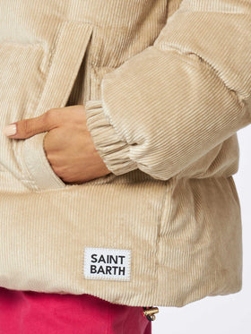 Woman beige corduroy down padded jacket with hoodie - MC2 Saint Barth