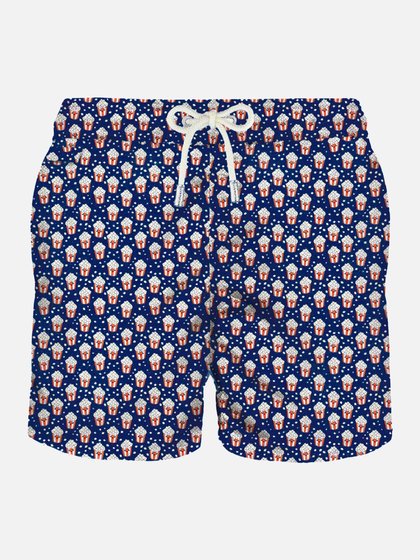 Man light fabric swim shorts with pop corn print