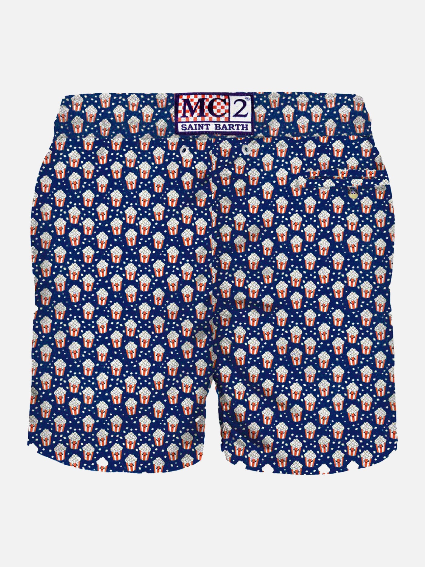 Man light fabric swim shorts with pop corn print
