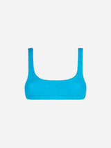 Woman turquoise crinkle bralette top swimsuit