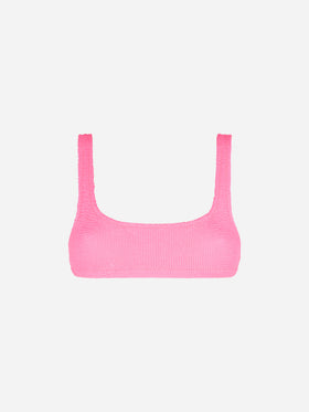Damen-Badeanzug in Fluo-Rosa mit Crinkle-Bralette-Oberteil