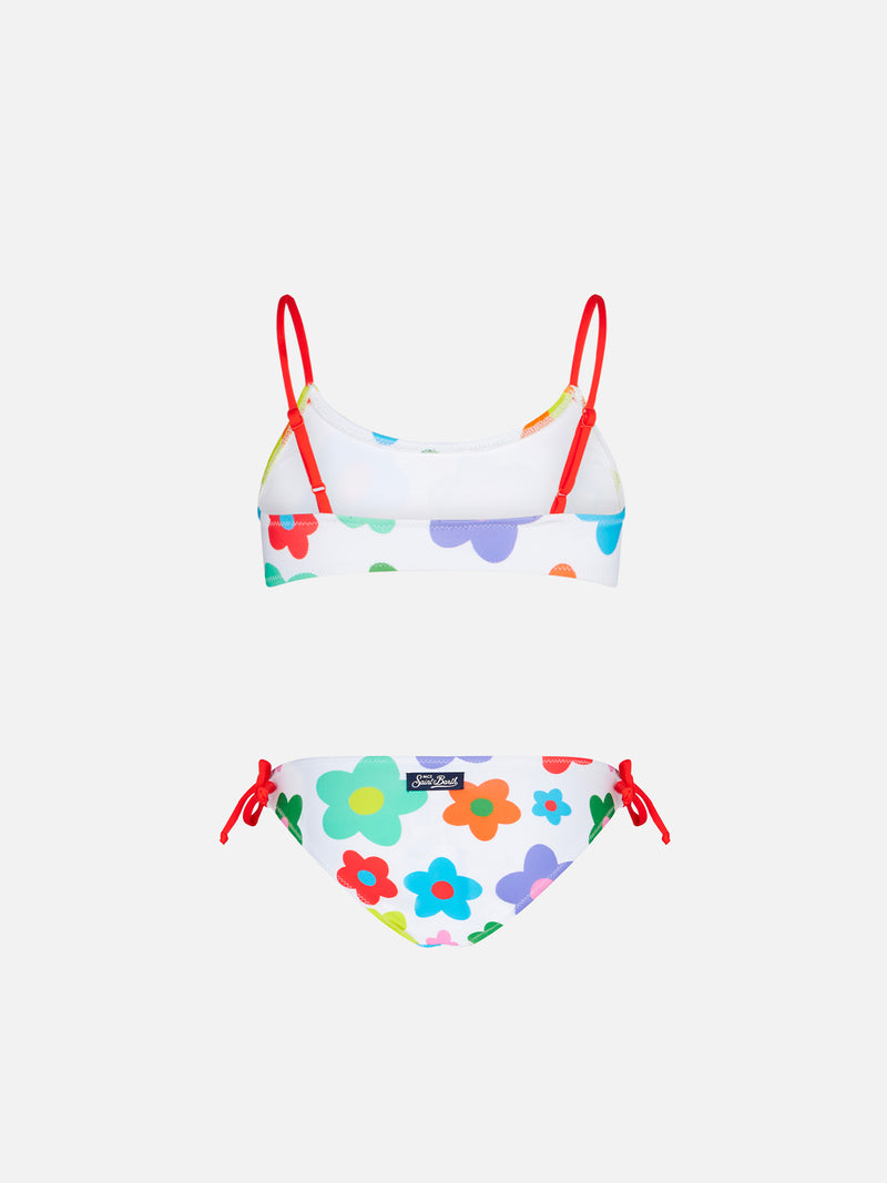 Bikini da bambina a bralette con stampa margherite multicolore