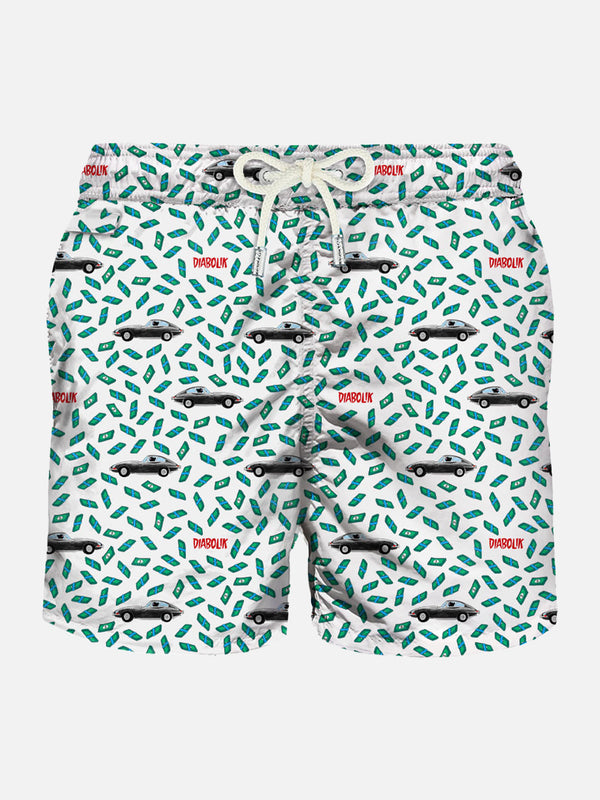 Man light fabric swim shorts with car and money print | DIABOLIK SPECIAL EDITION