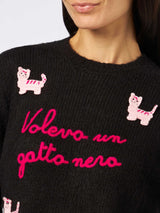 Morbida maglia da donna girocollo con patch gatti all'uncinetto e ricamo Volevo un Gatto Nero