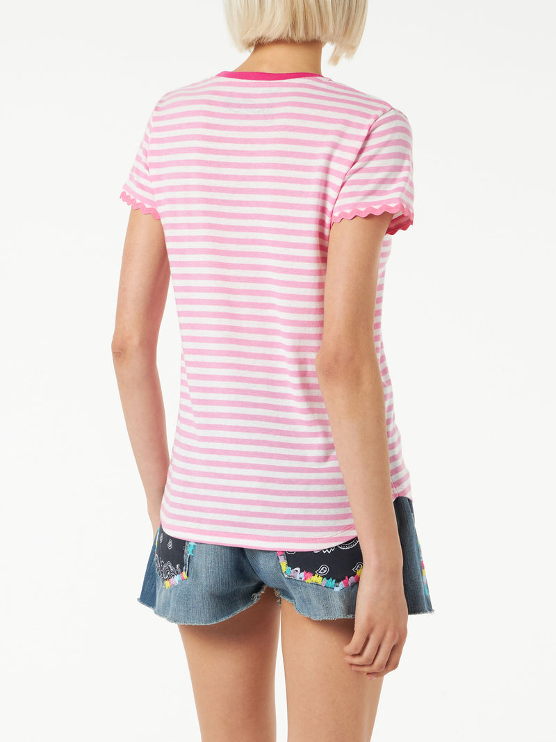 Fucsia striped cotton t-shirt with St. Barth embroidery