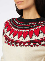 Maglia da donna girocollo bianca con stampa cuori fair isle