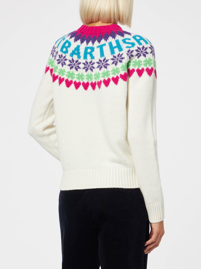 Woman white sweater New Queen with fair isle jacquard