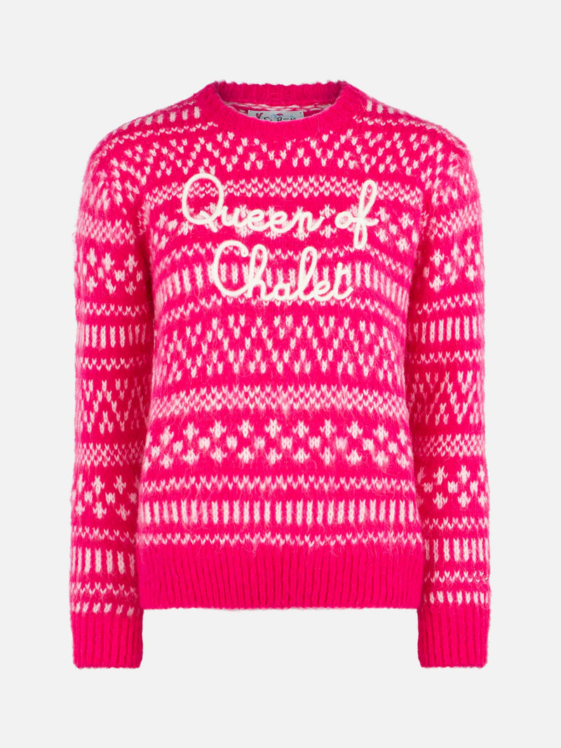 Morbida maglia da donna girocollo con stampa fair isle e ricamo Queen of Chalet