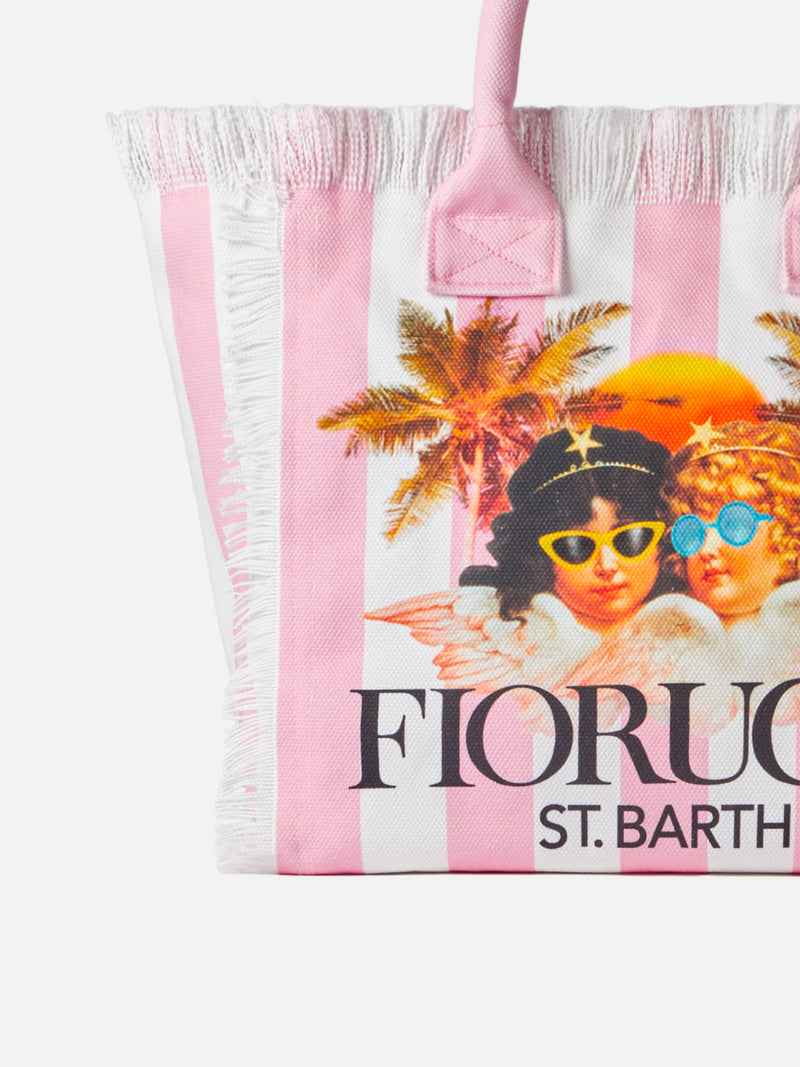 Borsa a spalla Vanity in canvas con stampa a righe bianche e rosa e angeli Fiorucci | FIORUCCI SPECIAL EDITION