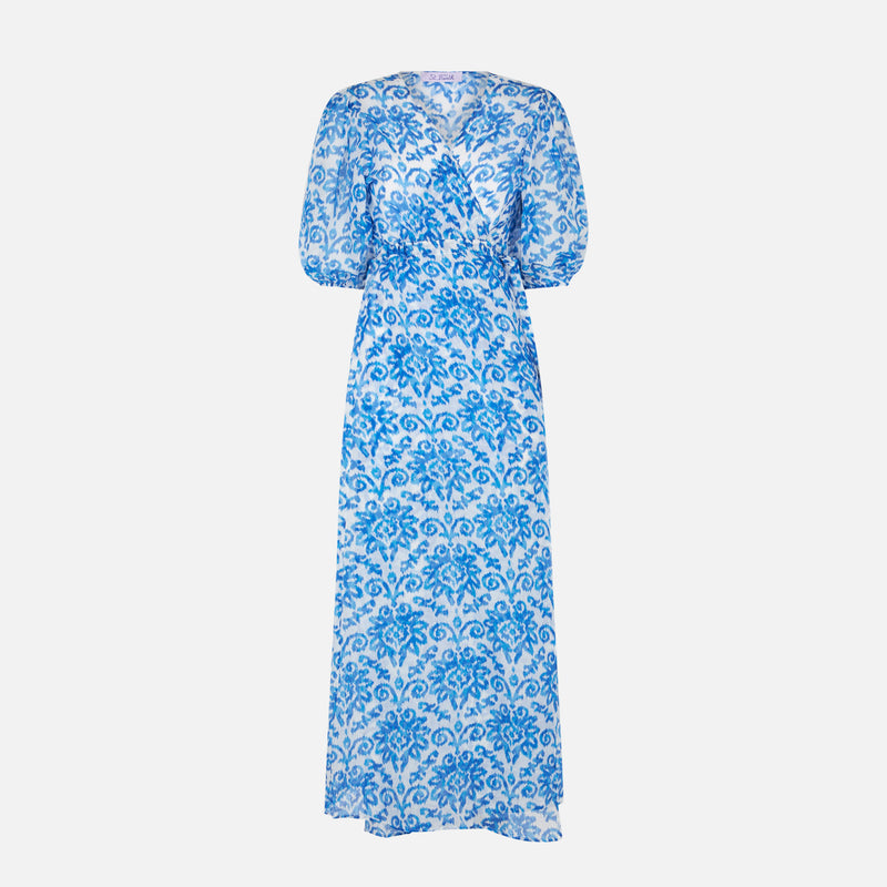 Langes Strandkleid Bliss aus Baumwolle und Seide mit Ikat-Print