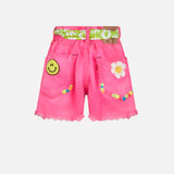 Girl fluo pink upcycled denim shorts with embroidery