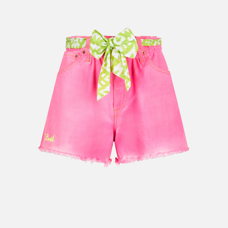 Woman upcycled pink denim shorts Arizona with embroidery