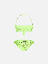 Girl bandeau bikini with fluo yellow bandanna print