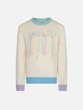 Maglione garzato da bambina con ricamo sfrangiato