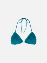 Woman teal green furry triangle top swimsuit