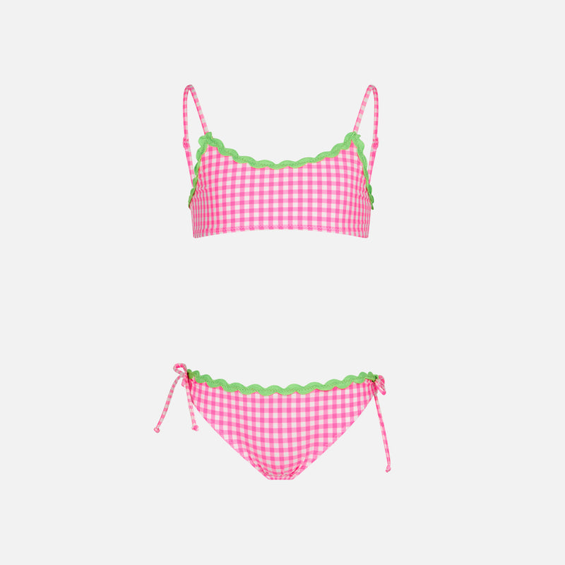 Bikini da bambina a bralette con fantasia Vichy bianca e fucsia