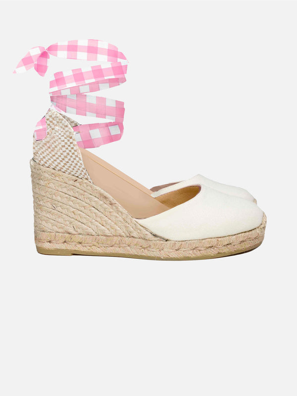 Natural print canvas espadrillas with hight wedge and ankle lace