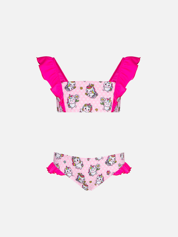 Mädchen-Bandeau-Bikini mit Rüschen und Einhorn-Print