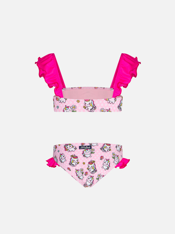 Mädchen-Bandeau-Bikini mit Rüschen und Einhorn-Print