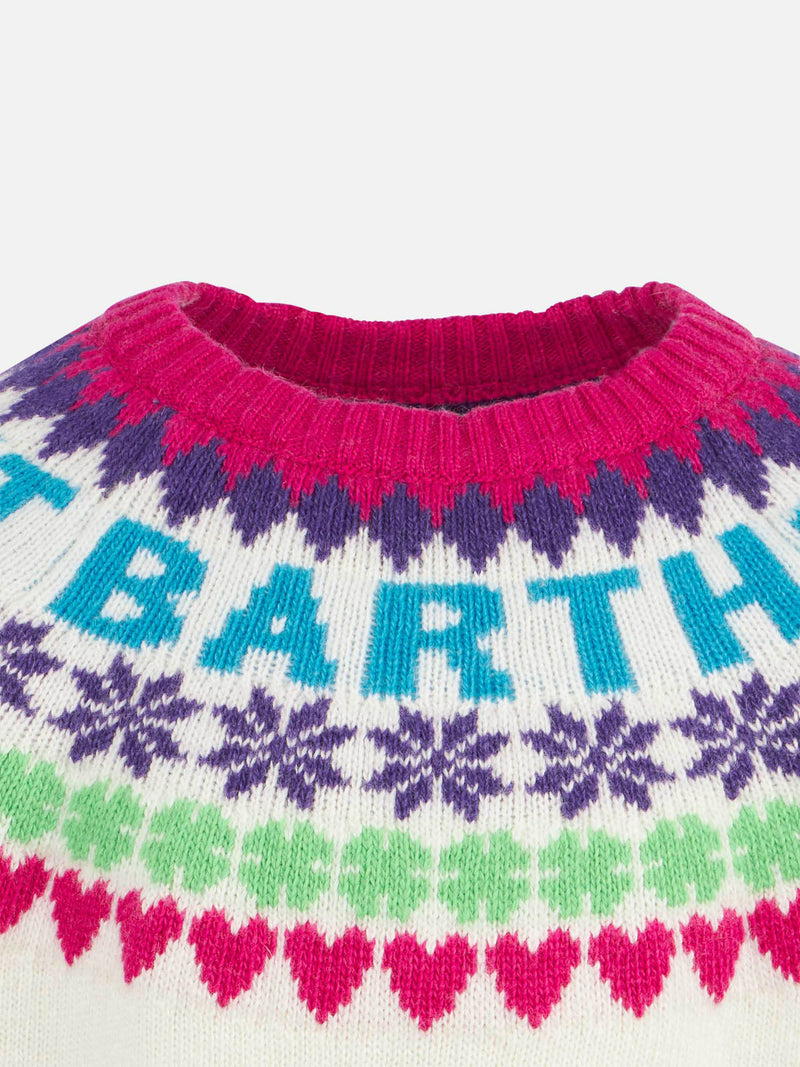 Maglione da bambina girocollo bianco con stampa cuori Fair Isle