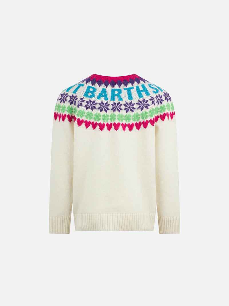 Maglia da bambina girocollo bianca con stampa cuori Fair Isle