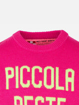 Maglia rosa fluo da bambina ricamo Piccola Peste giallo fluo