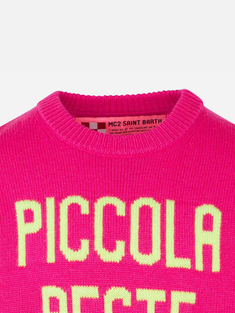 Maglia rosa fluo da bambina ricamo Piccola Peste giallo fluo