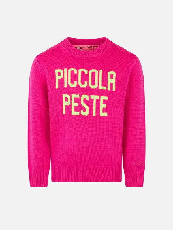 Maglia rosa fluo da bambina ricamo Piccola Peste giallo fluo