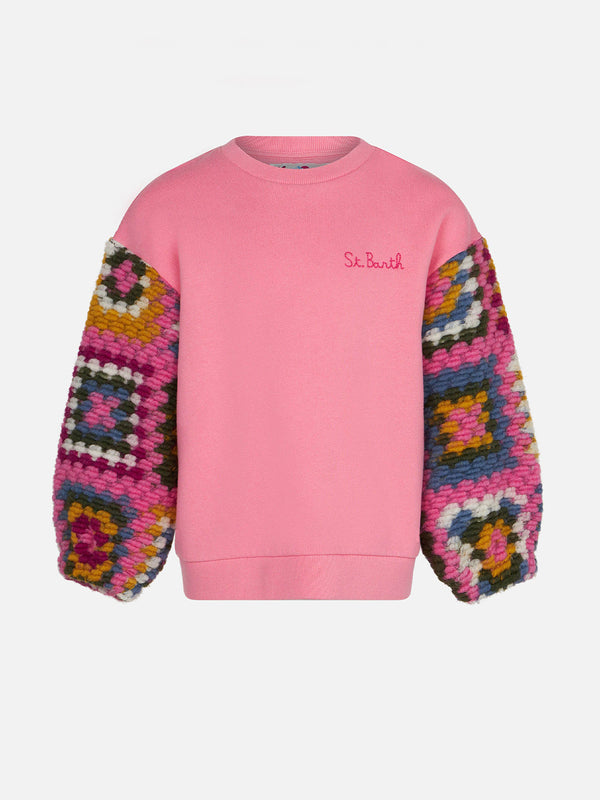 Girl pink sweater with crochet sleeves