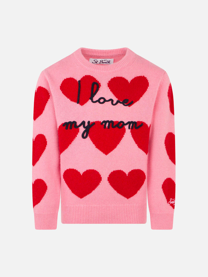 Maglione da bambina con stampa cuori e ricamo I Love my Mom