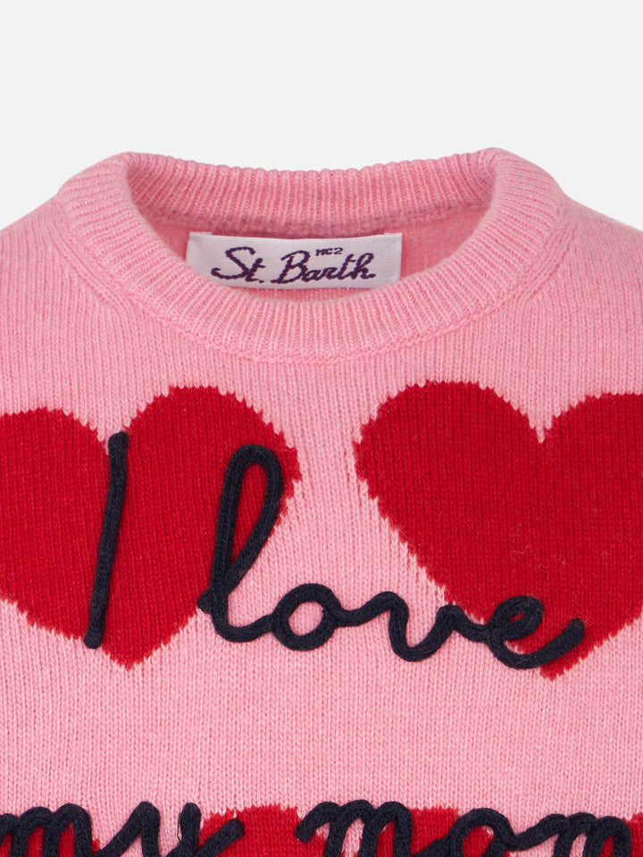 Maglione da bambina con stampa cuori e ricamo I Love my Mom