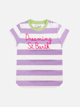 Pink and white striped girl's t-shirt with embroided written