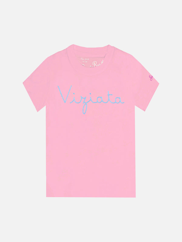 T-shirt da bambina rosa con scritta ricamata