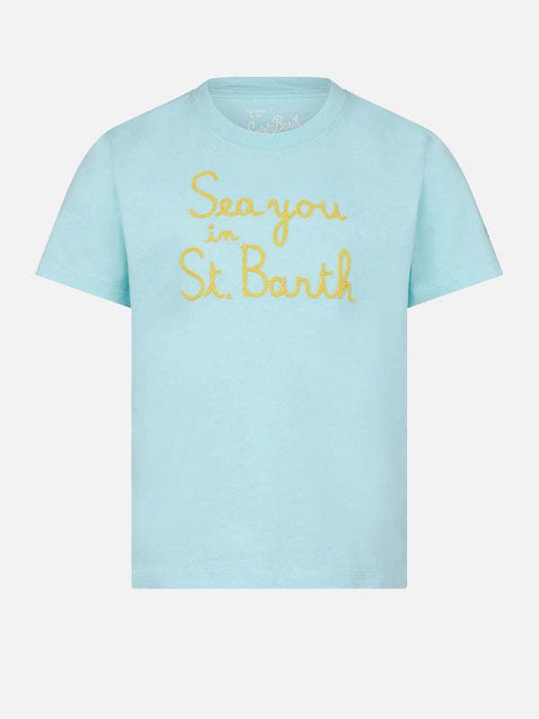 T-shirt da bambina con ricamo Sea you in St.Barth