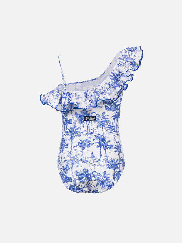 Girl ruffled one piece Carin swimsuit with toile de jouy print