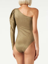 Gestrickter One-Shoulder-Badeanzug/Bodywear in glitzerndem Gold