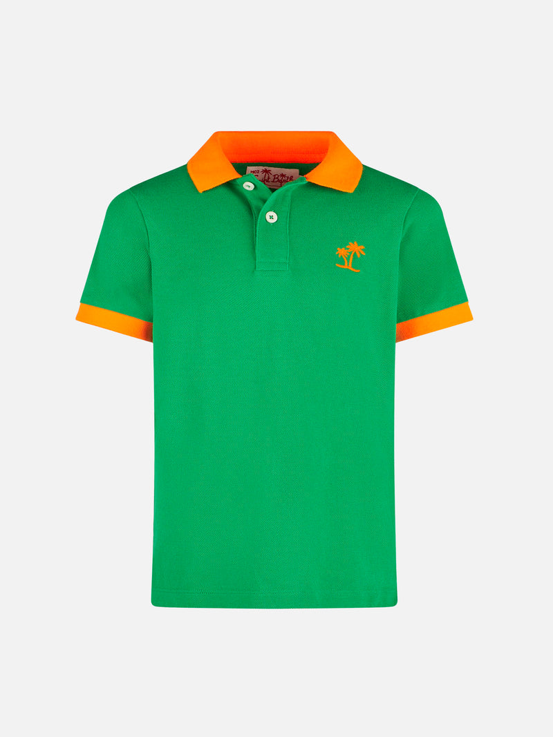 Polo da bambino in piquet verde con logo St. Barth arancione