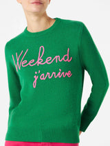 Maglia verde con ricamo Weekend j'arrive rosa fluo