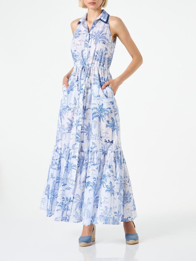 Woman halterneck dress with toile de jouy print