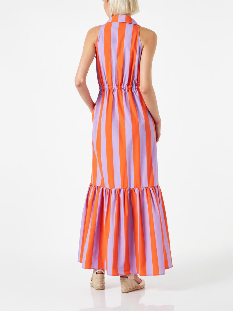 Woman halterneck dress with striped print